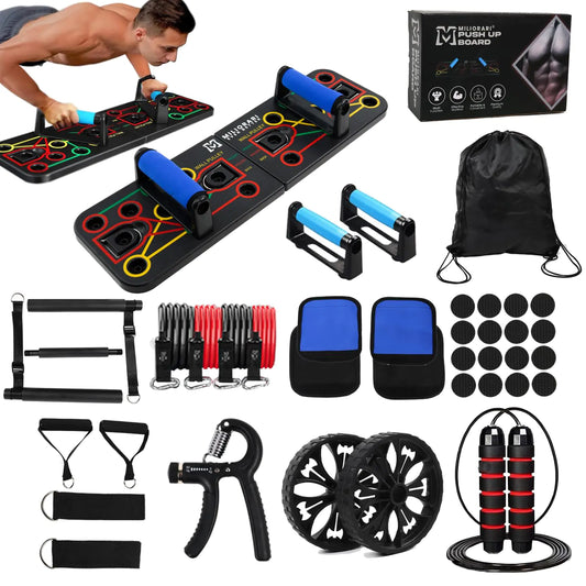 Push Up Board Exercise Equipment by Miliorari - At Home Workout Equipment - Includes Resistance Bands Set Ab Roller Wheel Pilates Bar